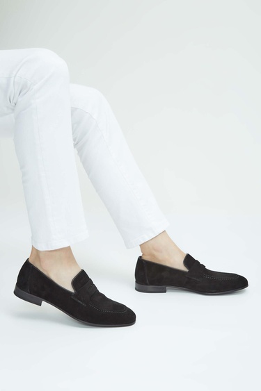  Tamer Tanca Erkek Hakiki Deri Siyah Süet Loafer Ayakkabı