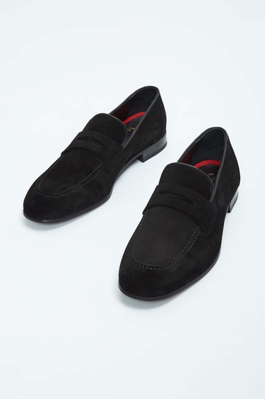  Tamer Tanca Erkek Hakiki Deri Siyah Süet Loafer Ayakkabı