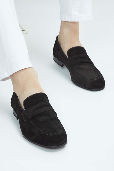  Tamer Tanca Erkek Hakiki Deri Siyah Süet Loafer Ayakkabı