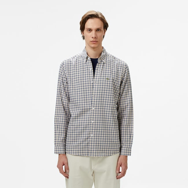  Erkek Regular Fit Düğmeli Yaka Kareli Kahverengi Gömlek