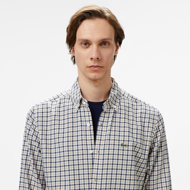  Erkek Regular Fit Düğmeli Yaka Kareli Kahverengi Gömlek