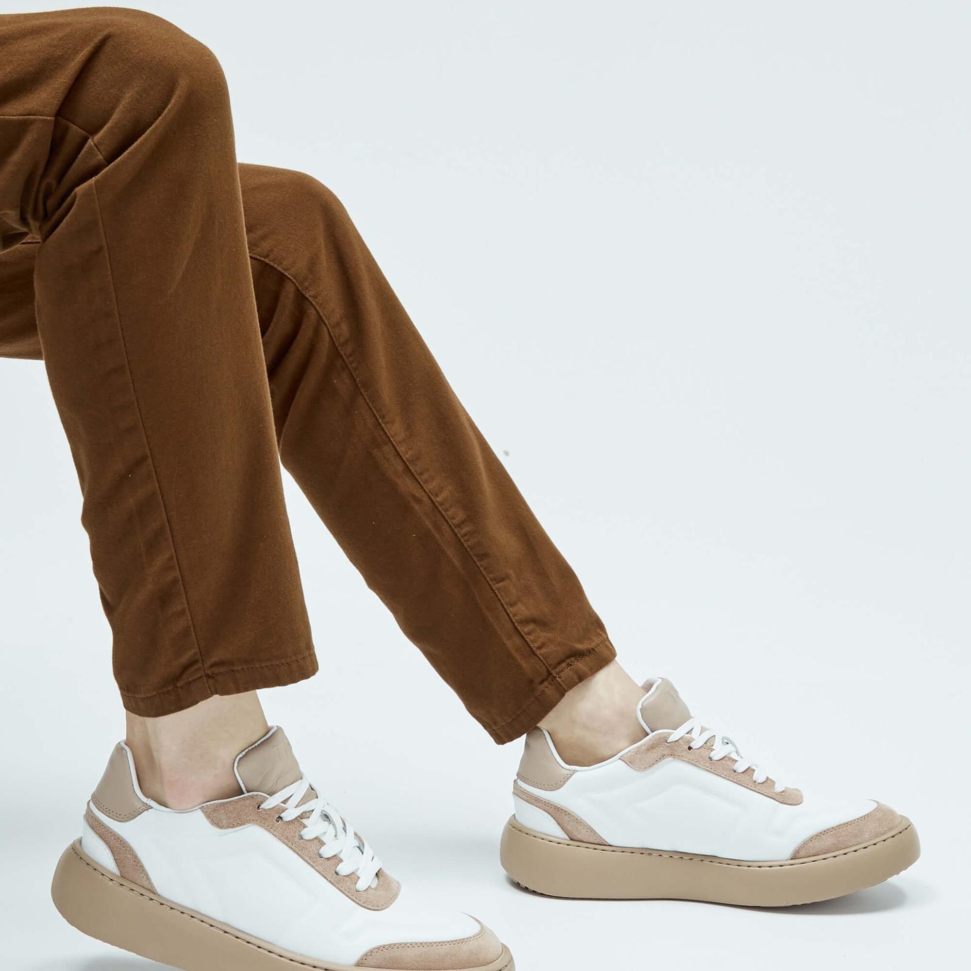 Tamer Tanca Erkek Hakiki Deri Beyaz\Vizon Sneakers & Spor Ayakkabı