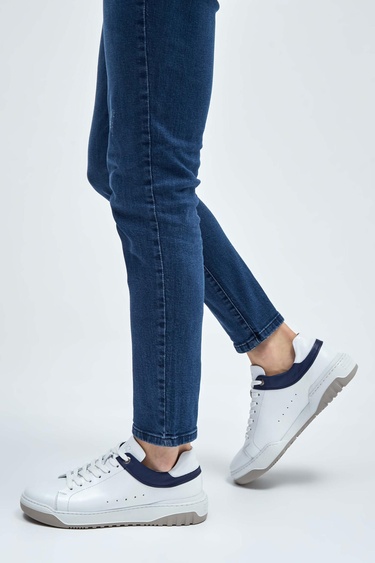  Tamer Tanca Erkek Hakiki Deri Beyaz/Mavi Sneakers & Spor Ayakkabı