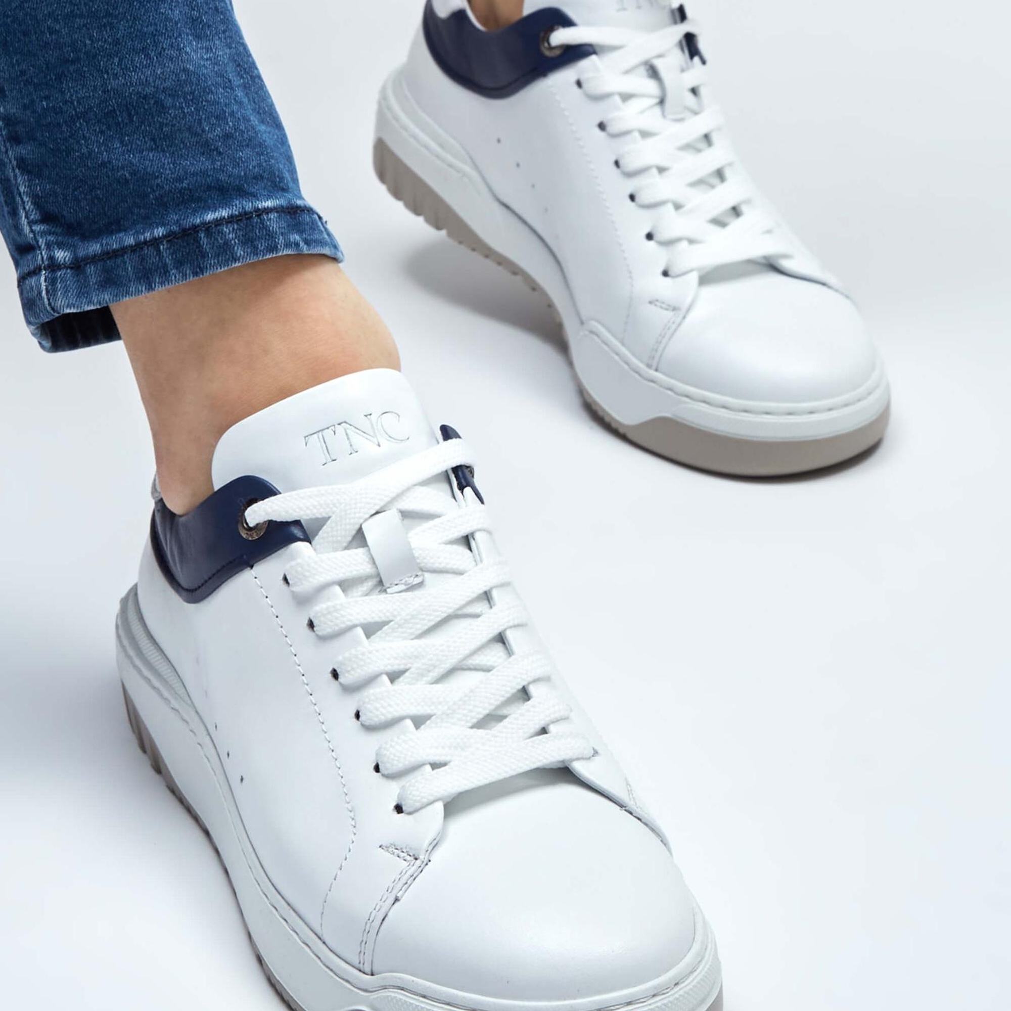 Tamer Tanca Erkek Hakiki Deri Beyaz/Mavi Sneakers & Spor Ayakkabı