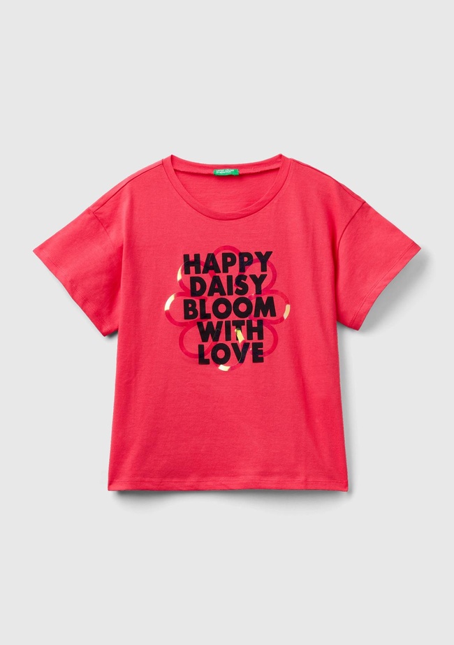  Kız Çocuk Fuşya Grafik Baskılı Yırtmaçlı Regular Fit T-Shirt