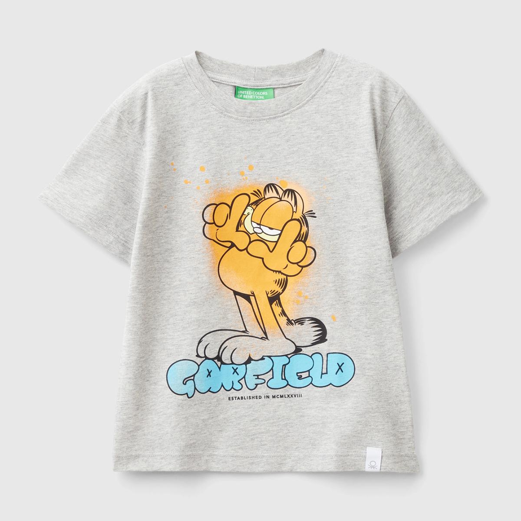 Erkek Çocuk Gri Melanj Önü Garfield Baskılı Rahat Kalıp Bisiklet Yaka T-Shirt