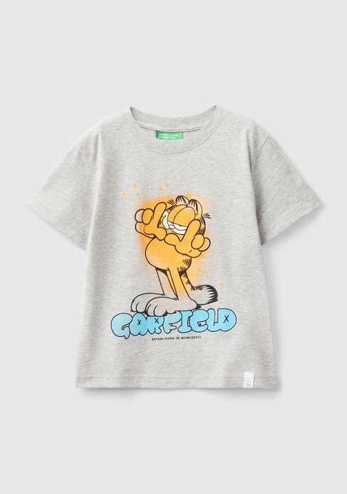  Erkek Çocuk Gri Melanj Önü Garfield Baskılı Rahat Kalıp Bisiklet Yaka T-Shirt