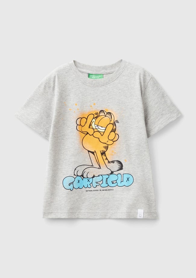  Erkek Çocuk Gri Melanj Önü Garfield Baskılı Rahat Kalıp Bisiklet Yaka T-Shirt