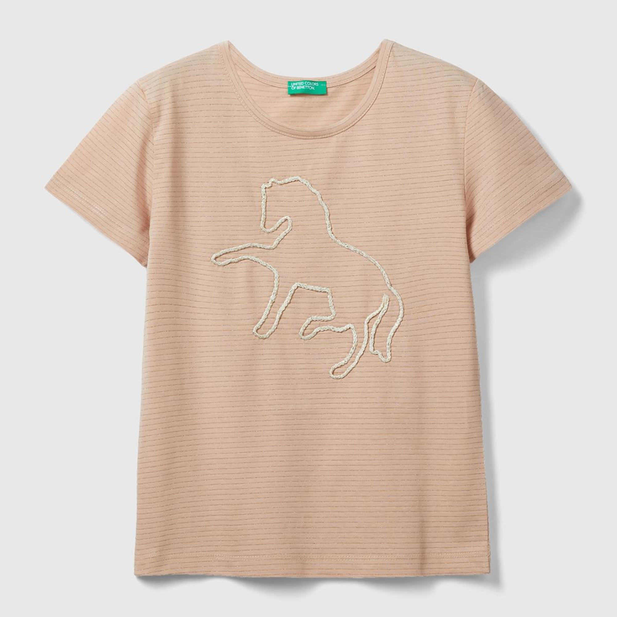 Kız Çocuk Pudra Önü Nakış İşlemeli Uzun ve Dar Kesim Bisiklet Yaka T-Shirt