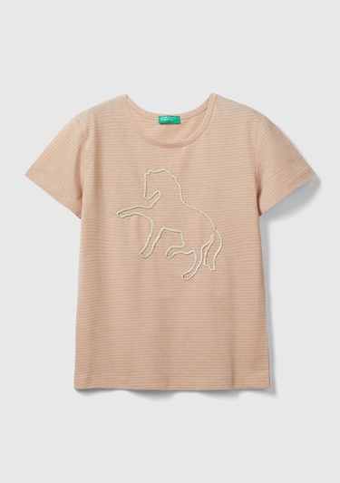  Kız Çocuk Pudra Önü Nakış İşlemeli Uzun ve Dar Kesim Bisiklet Yaka T-Shirt