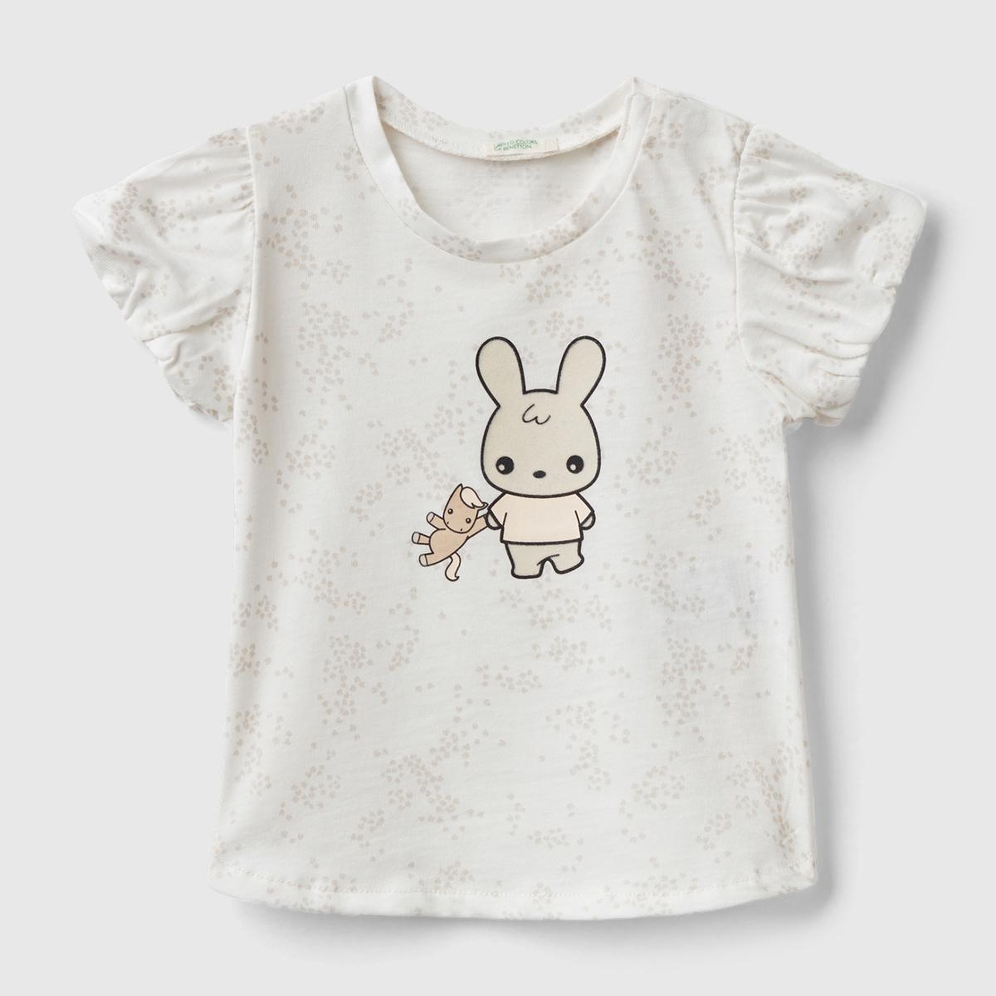 Bebek Ekru Tamamı Desenli Önü Karakter Baskılı Düğmeli Fırfırlı T-Shirt