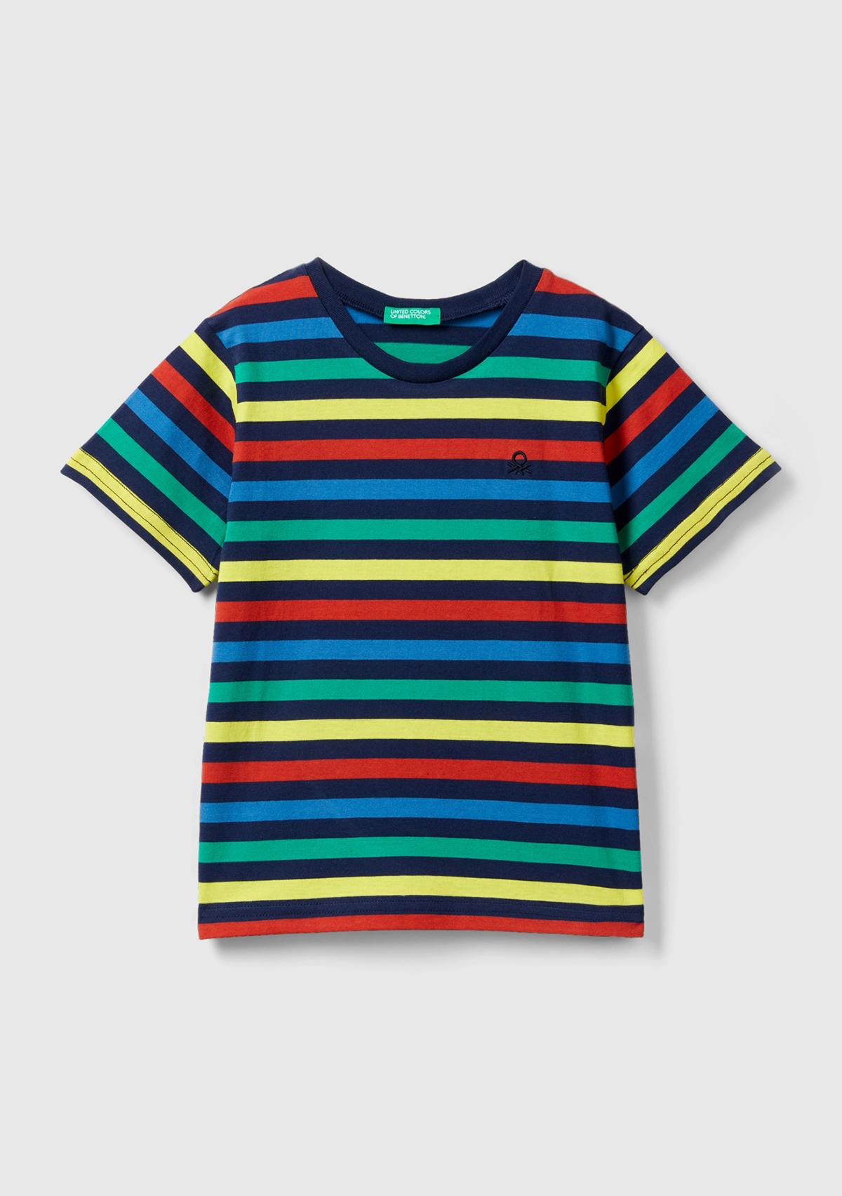  Erkek Çocuk Siyah Mix Sol Göğsü Logolu İnce Yatay Çizgili Bisiklet Yaka T-Shirt