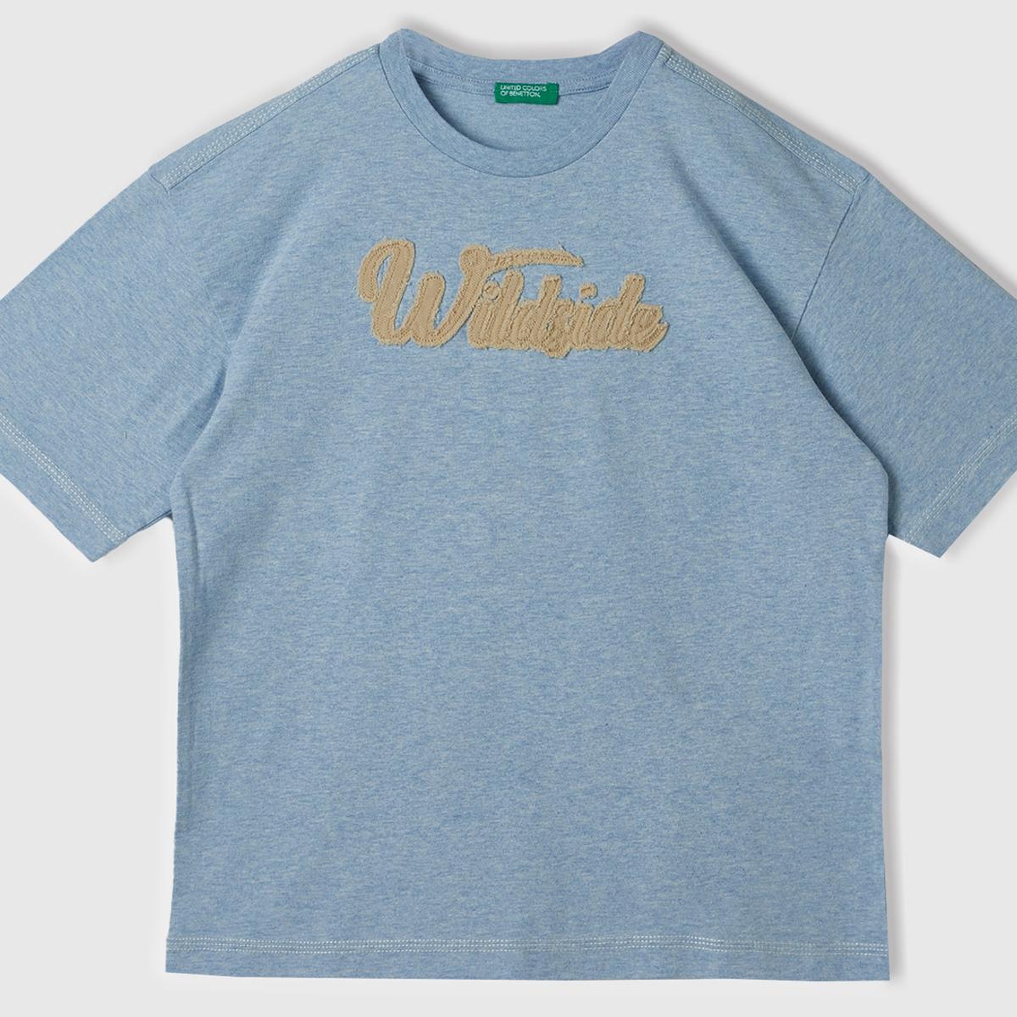 Erkek Çocuk Açık Mavi Önü Kontrast Renkli Aplikeli Bisiklet Yaka Oversize T-Shirt