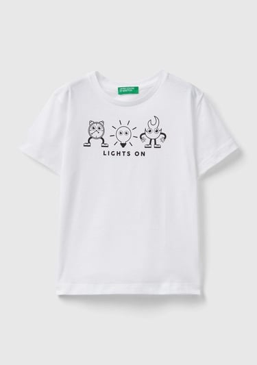  Erkek Çocuk Beyaz Önü Tek Renk Baskılı Bisiklet Yaka T-Shirt