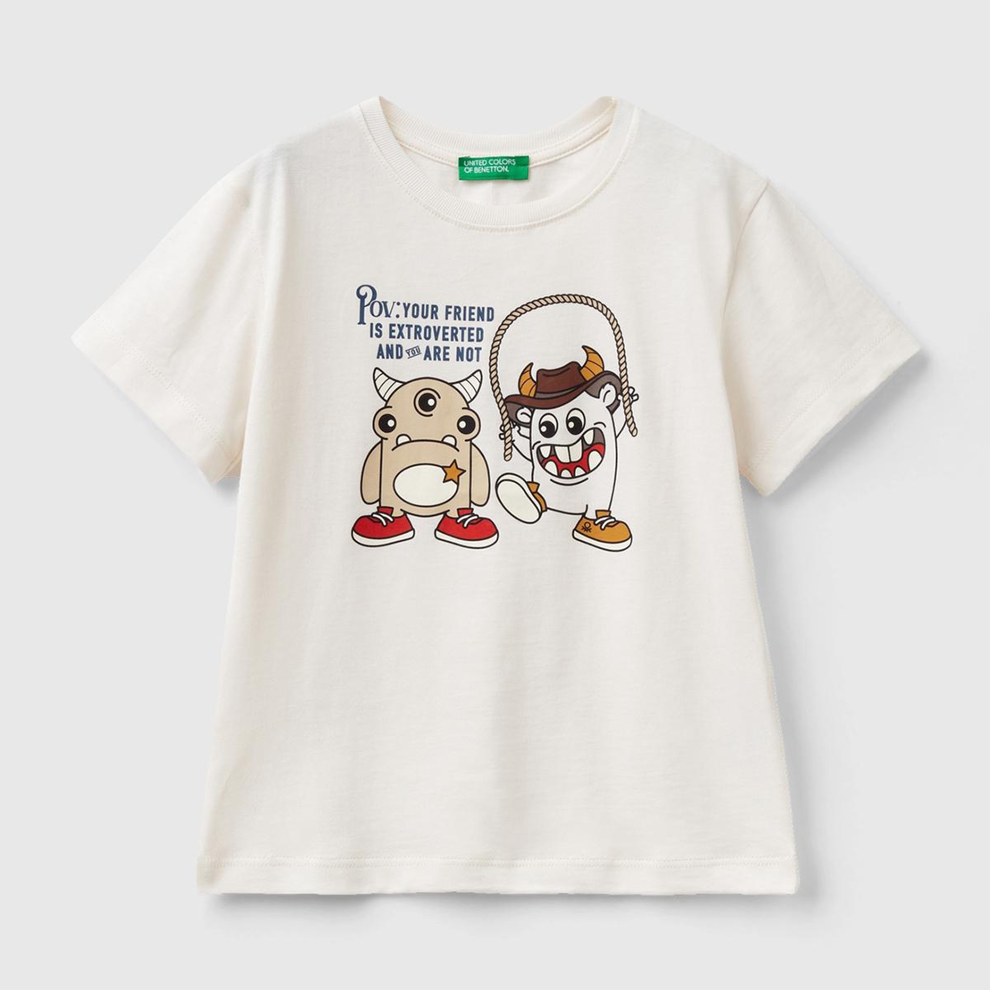 Erkek Çocuk Krem Monsters Baskılı Bisiklet Yaka T-Shirt