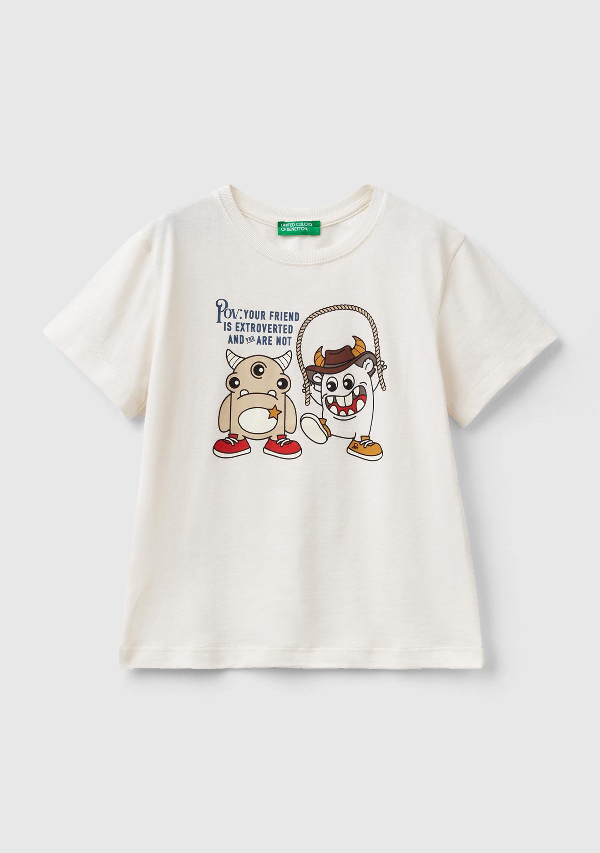  Erkek Çocuk Krem Monsters Baskılı Bisiklet Yaka T-Shirt