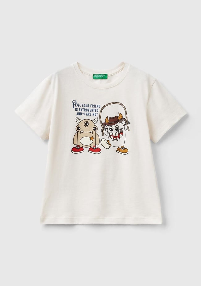  Erkek Çocuk Krem Monsters Baskılı Bisiklet Yaka T-Shirt