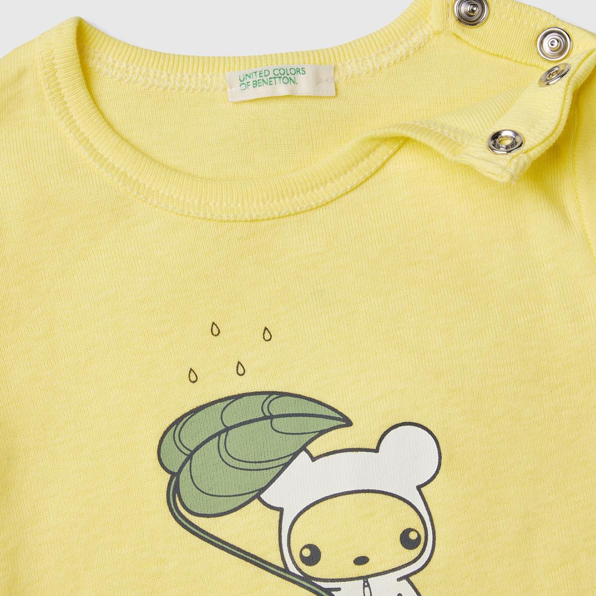 Bebek Sarı Önü Grafik Baskılı Omzu Çıtçıtlı Bisiklet Yaka T-Shirt