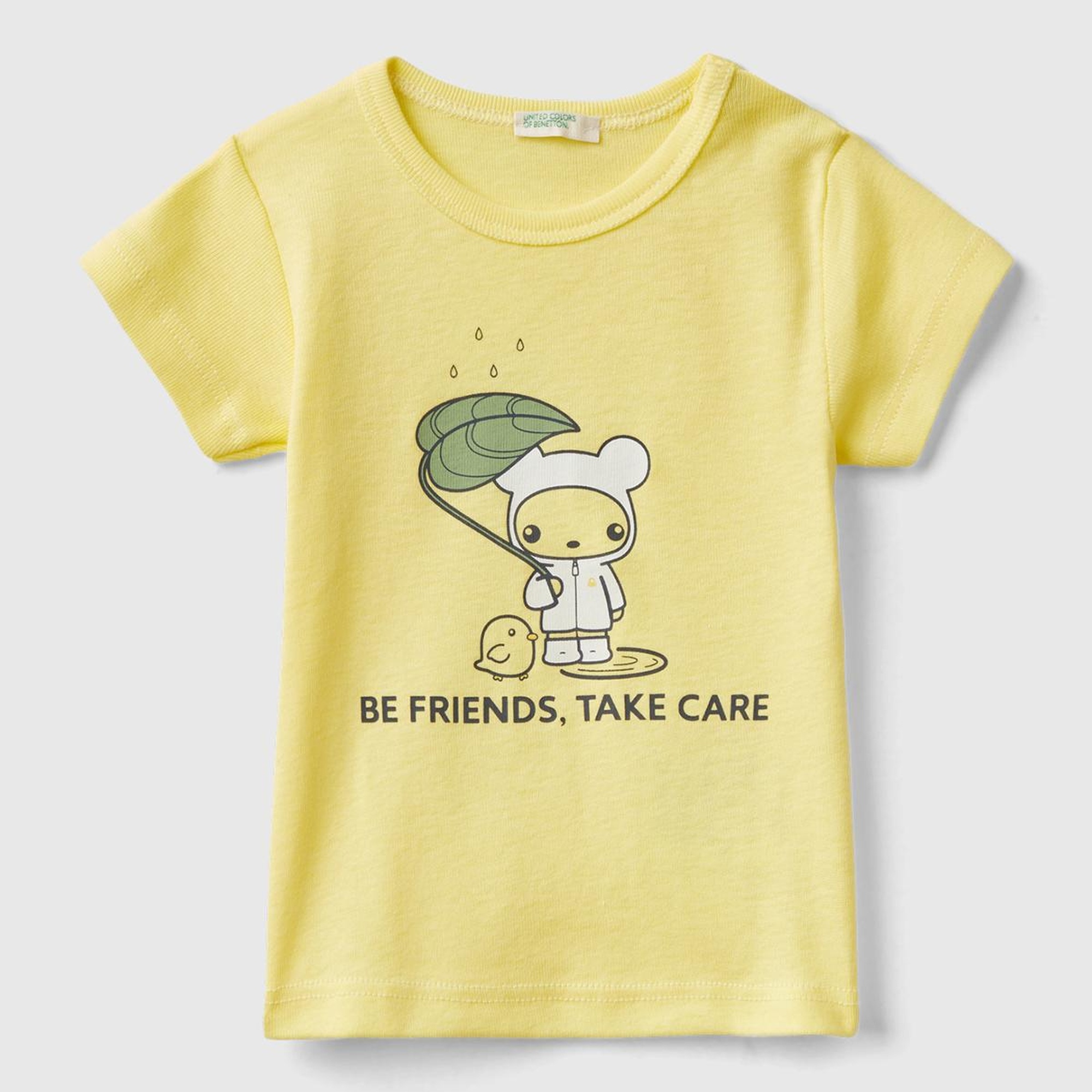 Bebek Sarı Önü Grafik Baskılı Omzu Çıtçıtlı Bisiklet Yaka T-Shirt