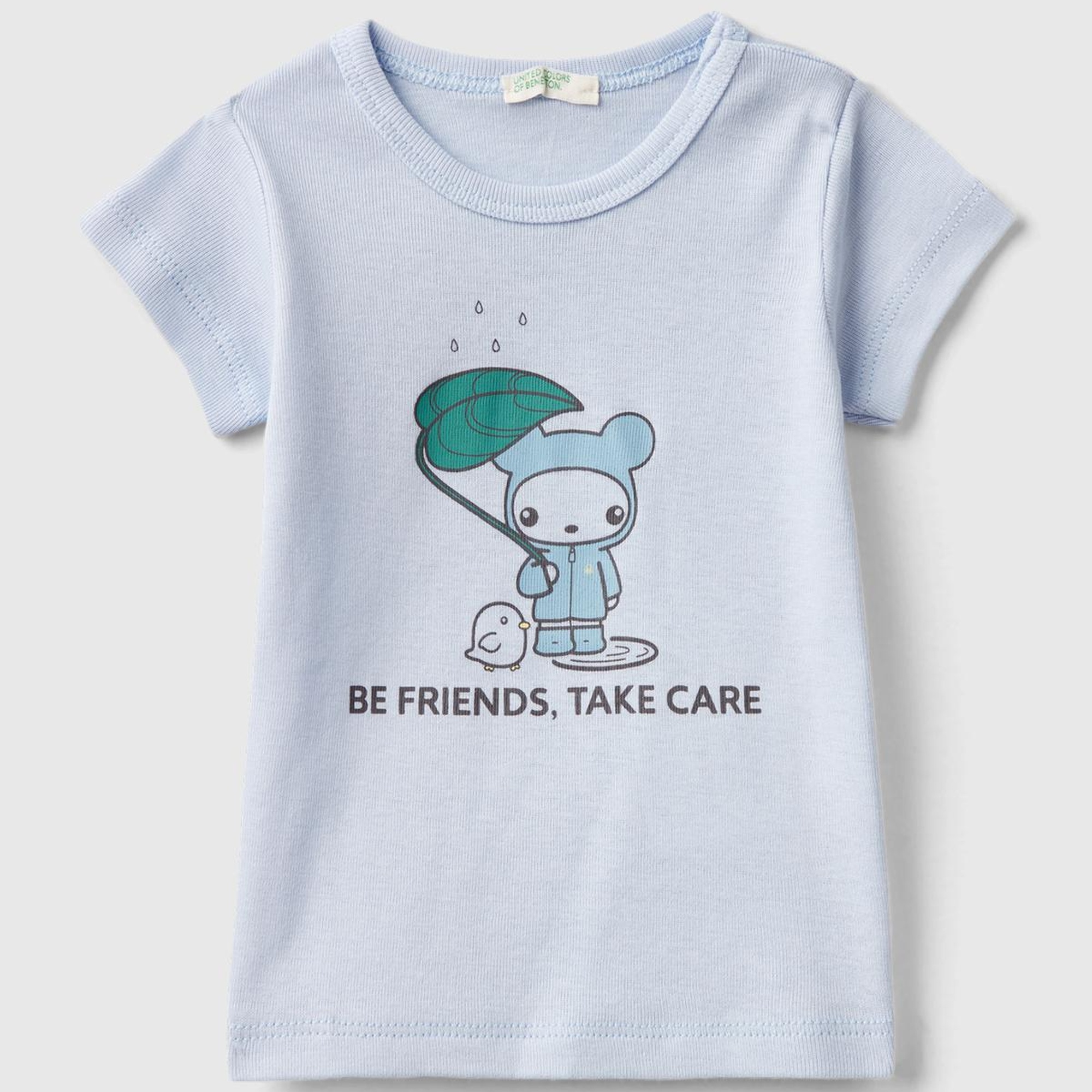 Bebek Açık Mavi Önü Grafik Baskılı Omzu Çıtçıtlı Bisiklet Yaka T-Shirt