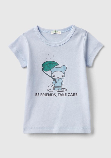  Bebek Açık Mavi Önü Grafik Baskılı Omzu Çıtçıtlı Bisiklet Yaka T-Shirt