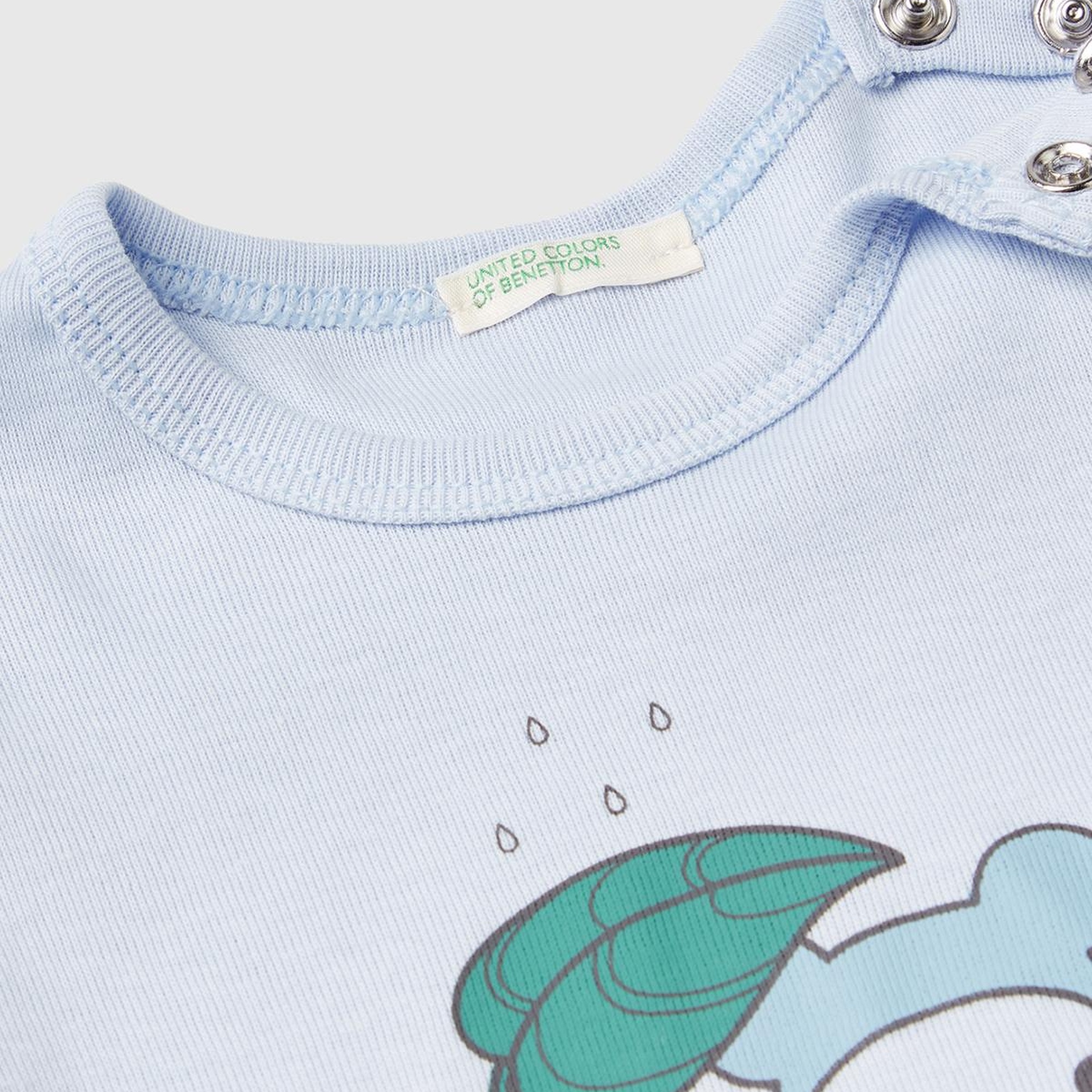 Bebek Açık Mavi Önü Grafik Baskılı Omzu Çıtçıtlı Bisiklet Yaka T-Shirt