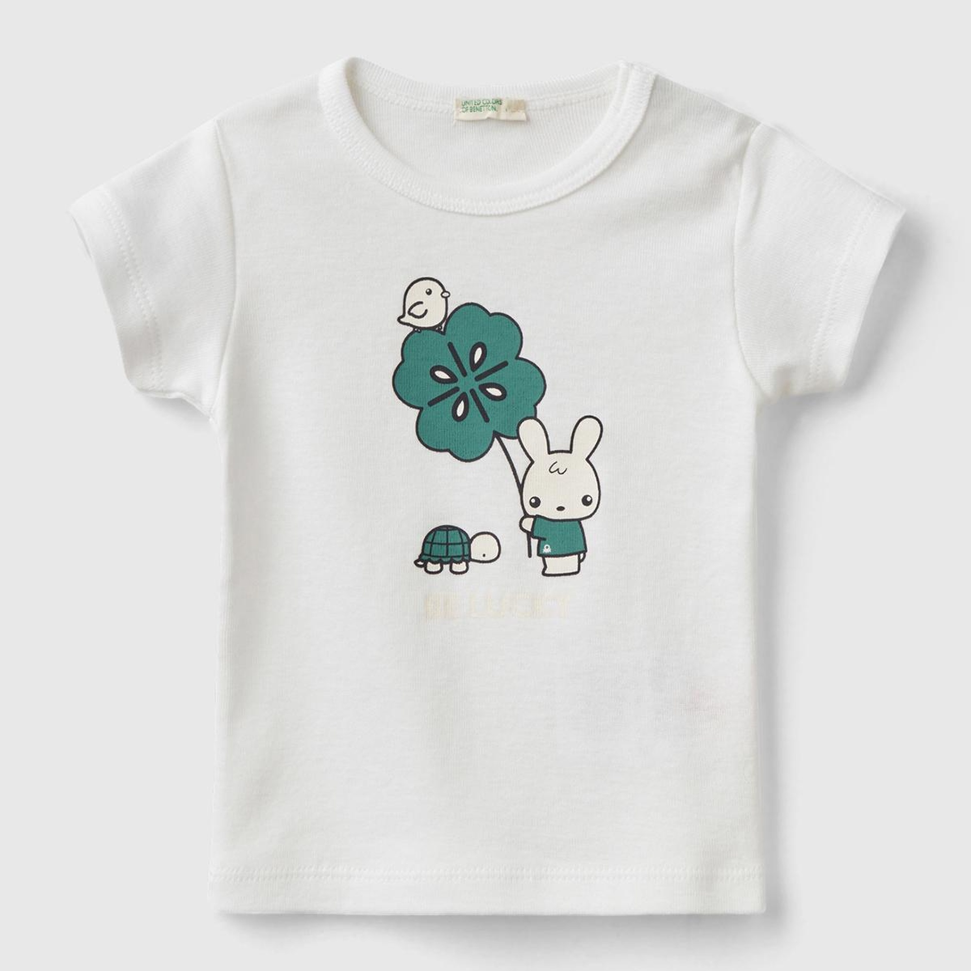 Bebek Beyaz. Önü Grafik Baskılı Omzu Çıtçıtlı Bisiklet Yaka T-Shirt