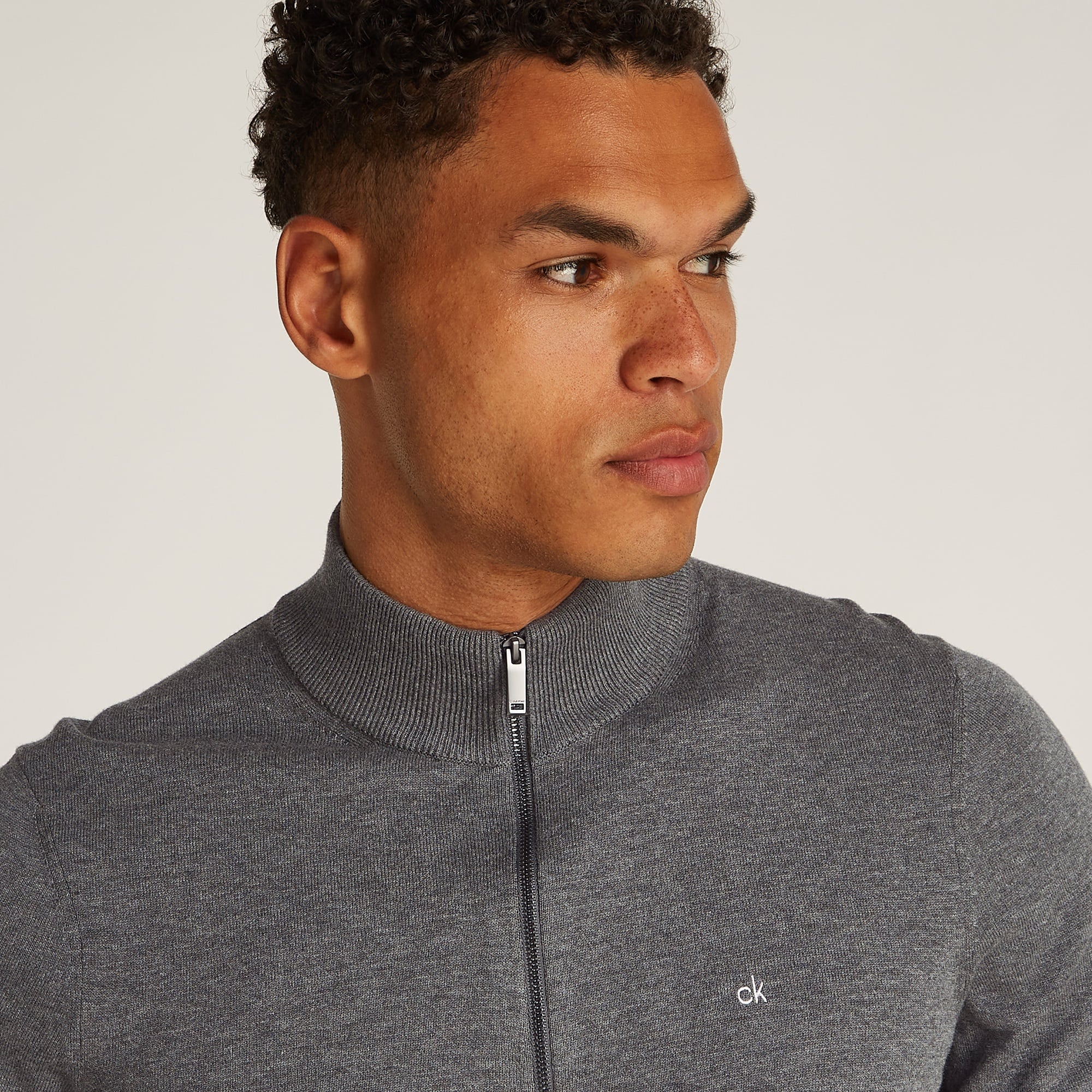 Calvin Klein Cotton Silk Blend Zip Jaet Erkek Gri Triko