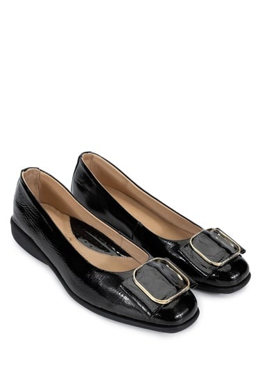  Tamer Tanca Kadın Hakiki Deri Siyah Rugan Babet Ayakkabı