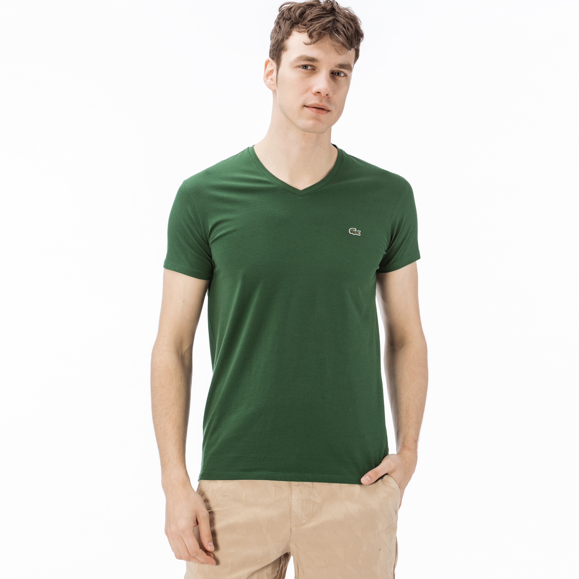 Lacoste Erkek Slim Fit V Yaka Yeşil T-Shirt