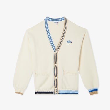  Erkek Loose Fit V Yaka Renk Bloklu Krem Hırka