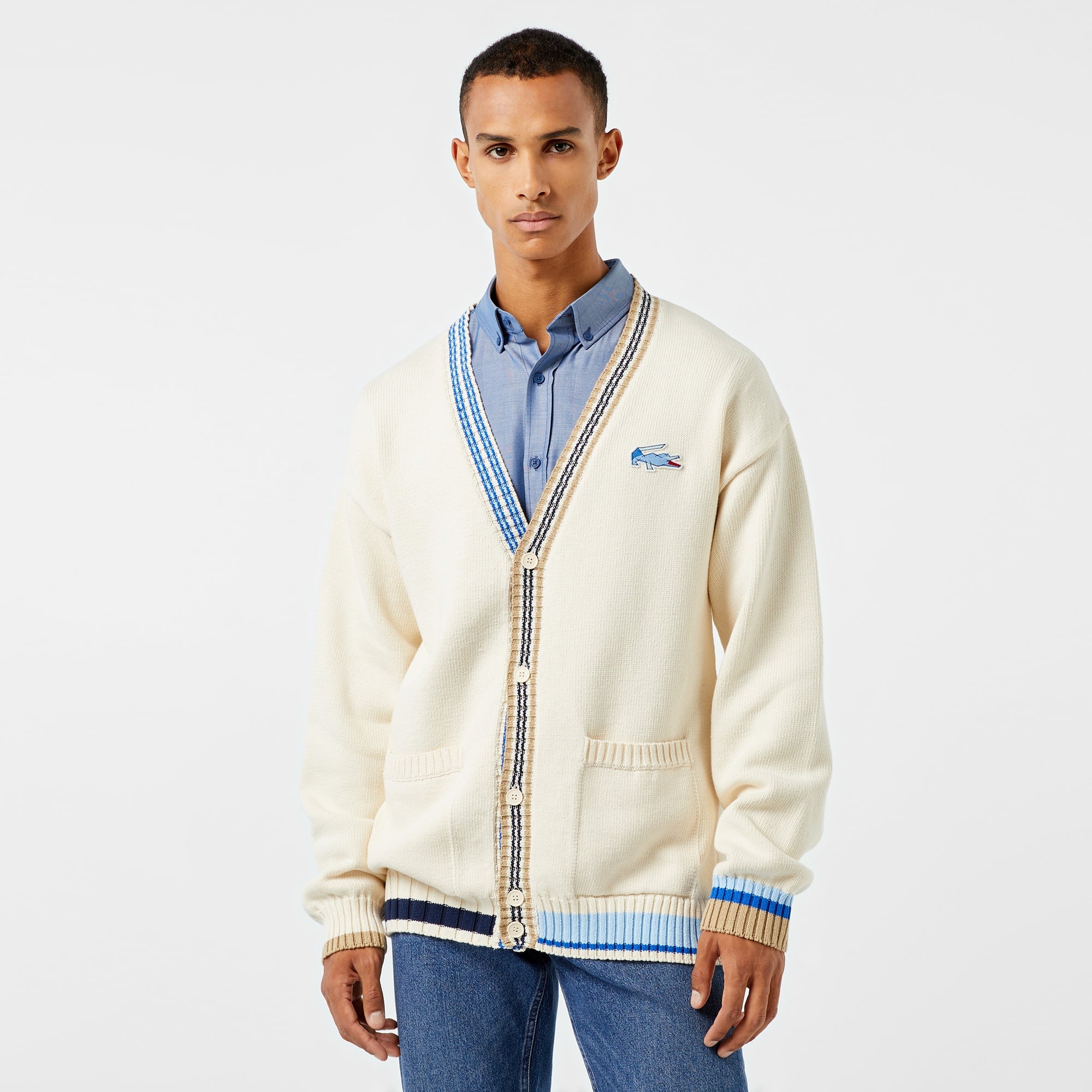 Erkek Loose Fit V Yaka Renk Bloklu Krem Hırka