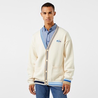  Erkek Loose Fit V Yaka Renk Bloklu Krem Hırka