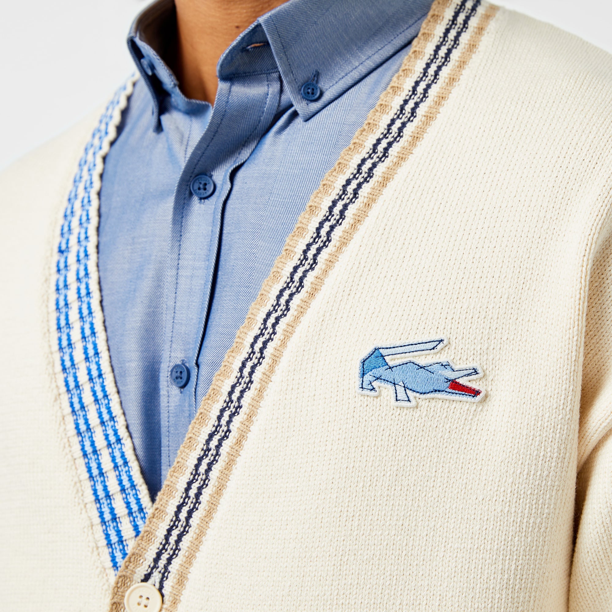 Erkek Loose Fit V Yaka Renk Bloklu Krem Hırka