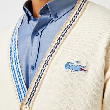  Erkek Loose Fit V Yaka Renk Bloklu Krem Hırka