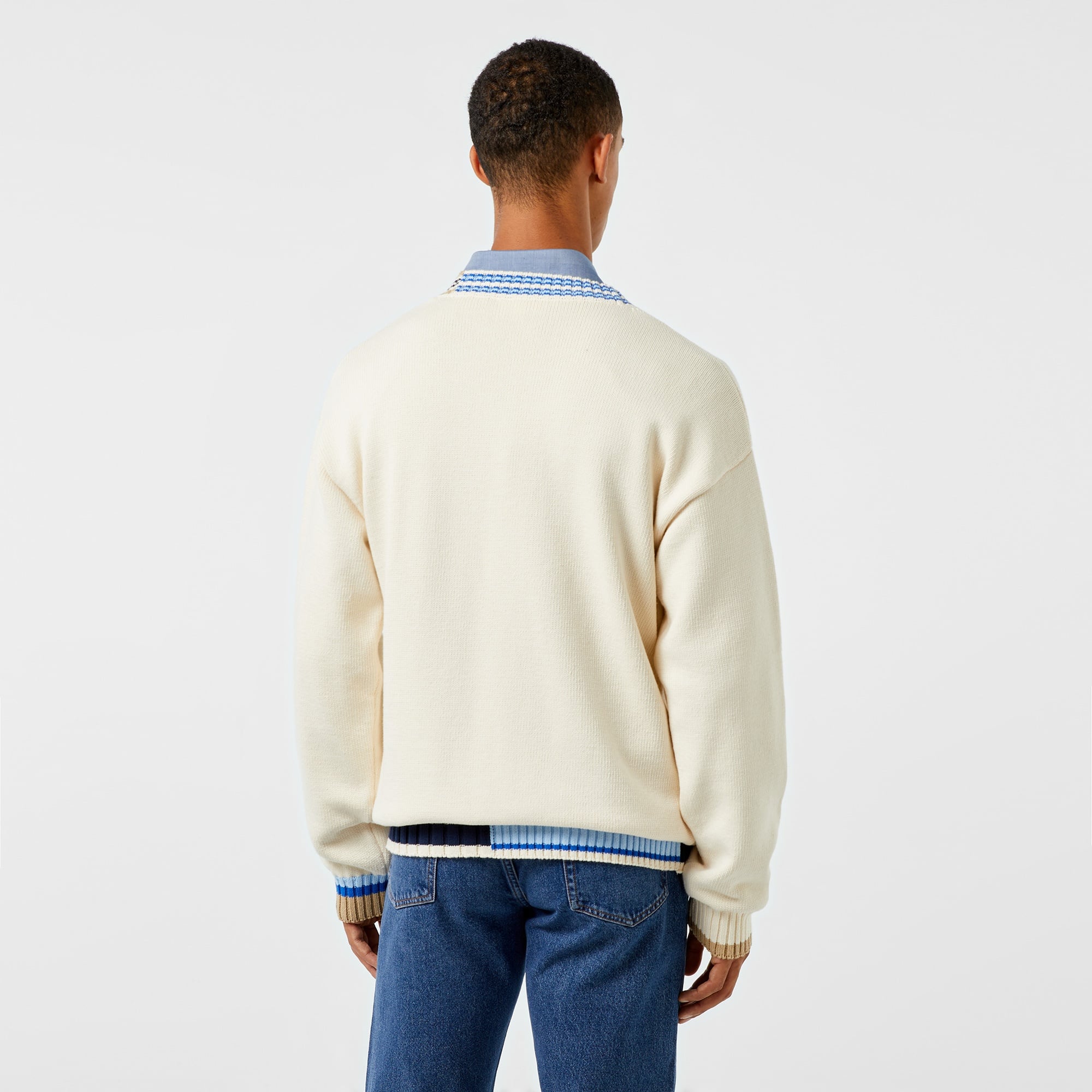 Erkek Loose Fit V Yaka Renk Bloklu Krem Hırka