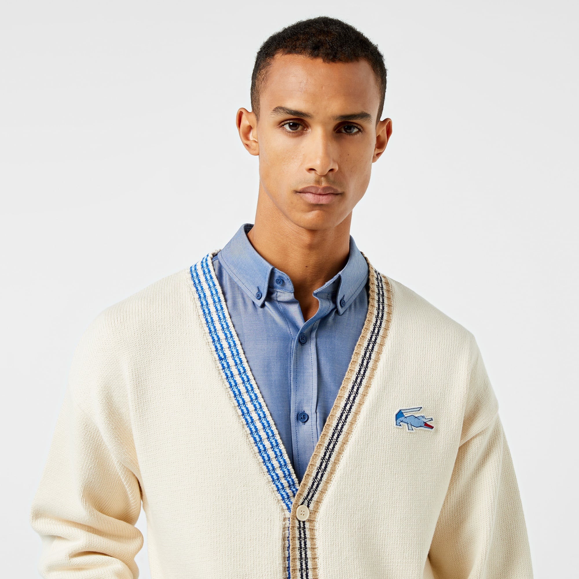 Erkek Loose Fit V Yaka Renk Bloklu Krem Hırka