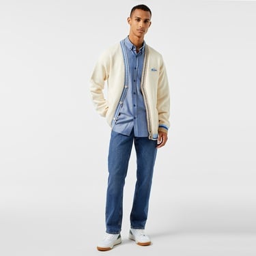  Erkek Loose Fit V Yaka Renk Bloklu Krem Hırka