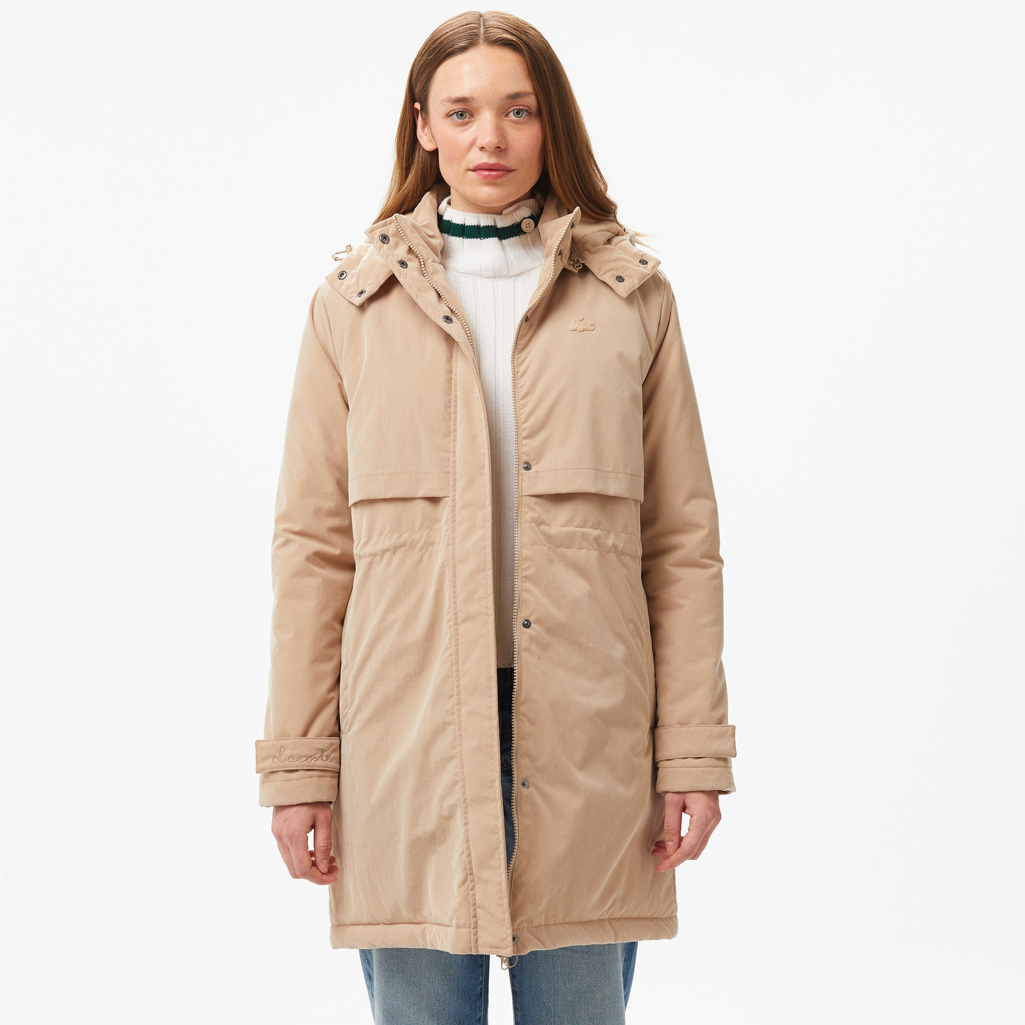  Kadın Relaxed Fit Kapüşonlu Bej Mont