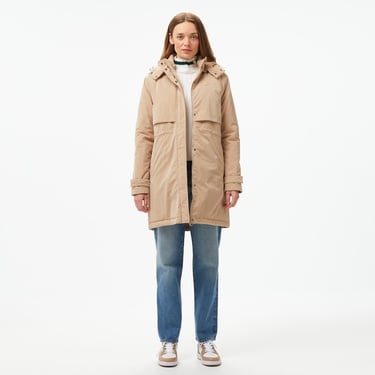  Kadın Relaxed Fit Kapüşonlu Bej Mont