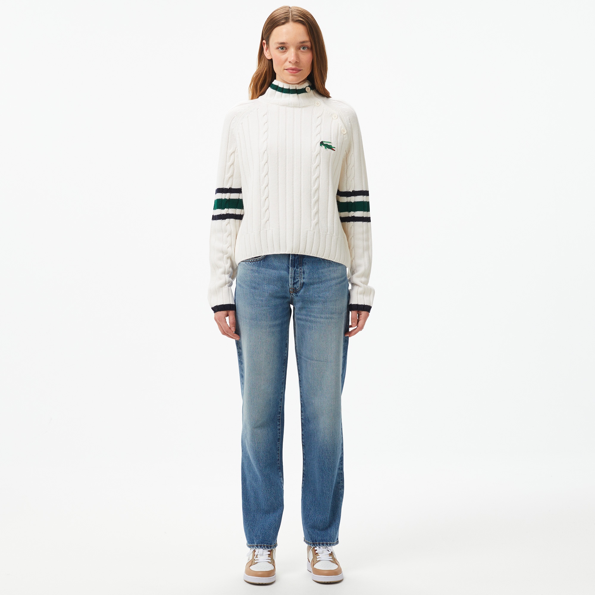 Kadın Regular Fit Boğazlı Renk Bloklu Beyaz Kazak