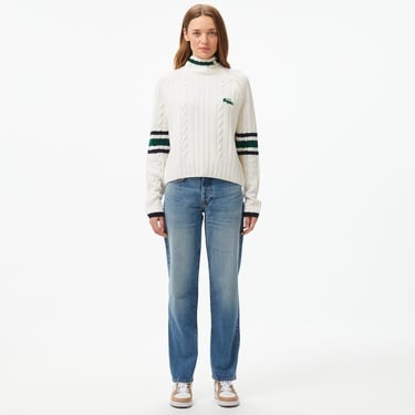  Kadın Regular Fit Boğazlı Renk Bloklu Beyaz Kazak