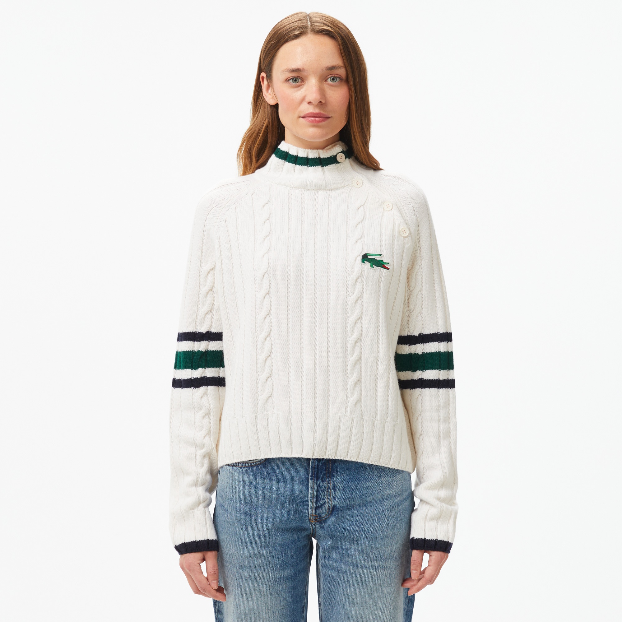 Kadın Regular Fit Boğazlı Renk Bloklu Beyaz Kazak