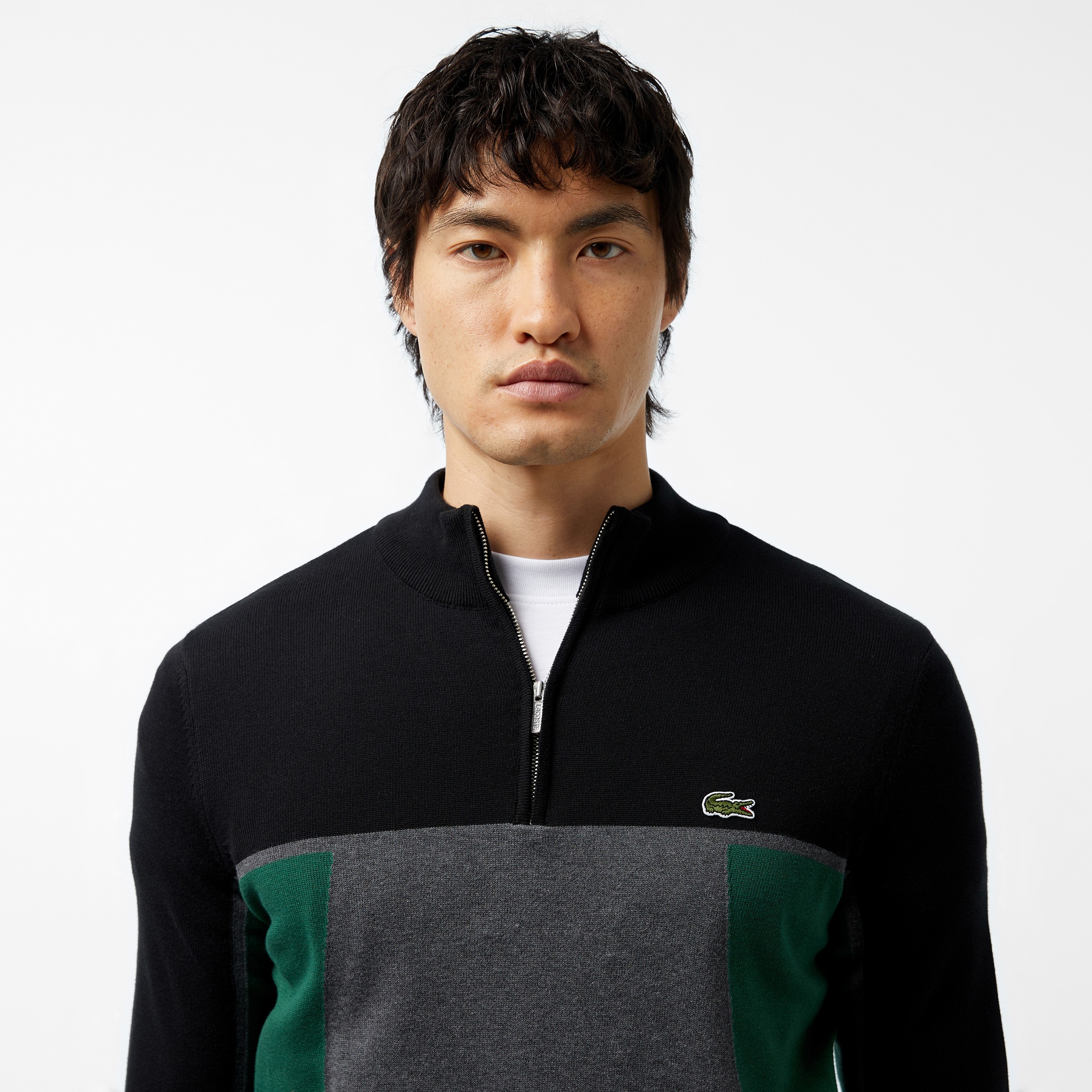 Erkek Relaxed Fit Yarım Fermuarlı Renk Bloklu Siyah Kazak