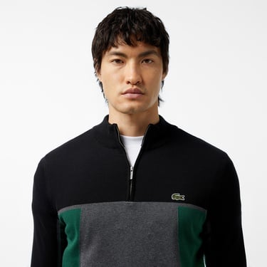  Erkek Relaxed Fit Yarım Fermuarlı Renk Bloklu Siyah Kazak