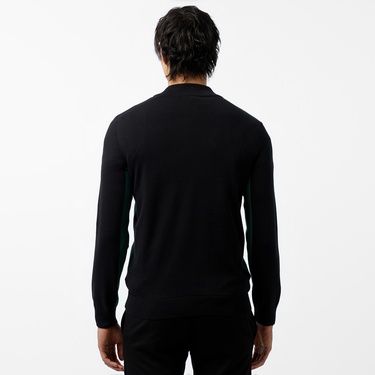  Erkek Relaxed Fit Yarım Fermuarlı Renk Bloklu Siyah Kazak