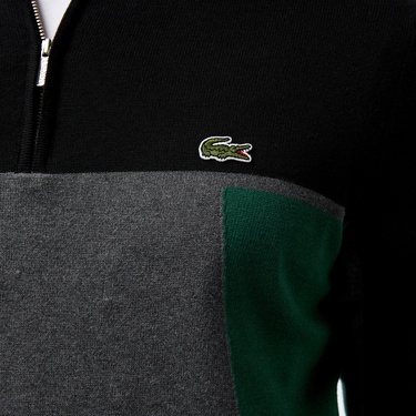  Erkek Relaxed Fit Yarım Fermuarlı Renk Bloklu Siyah Kazak