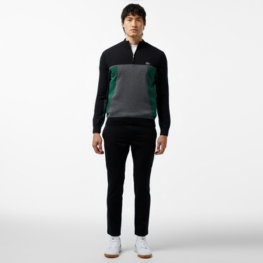  Erkek Relaxed Fit Yarım Fermuarlı Renk Bloklu Siyah Kazak