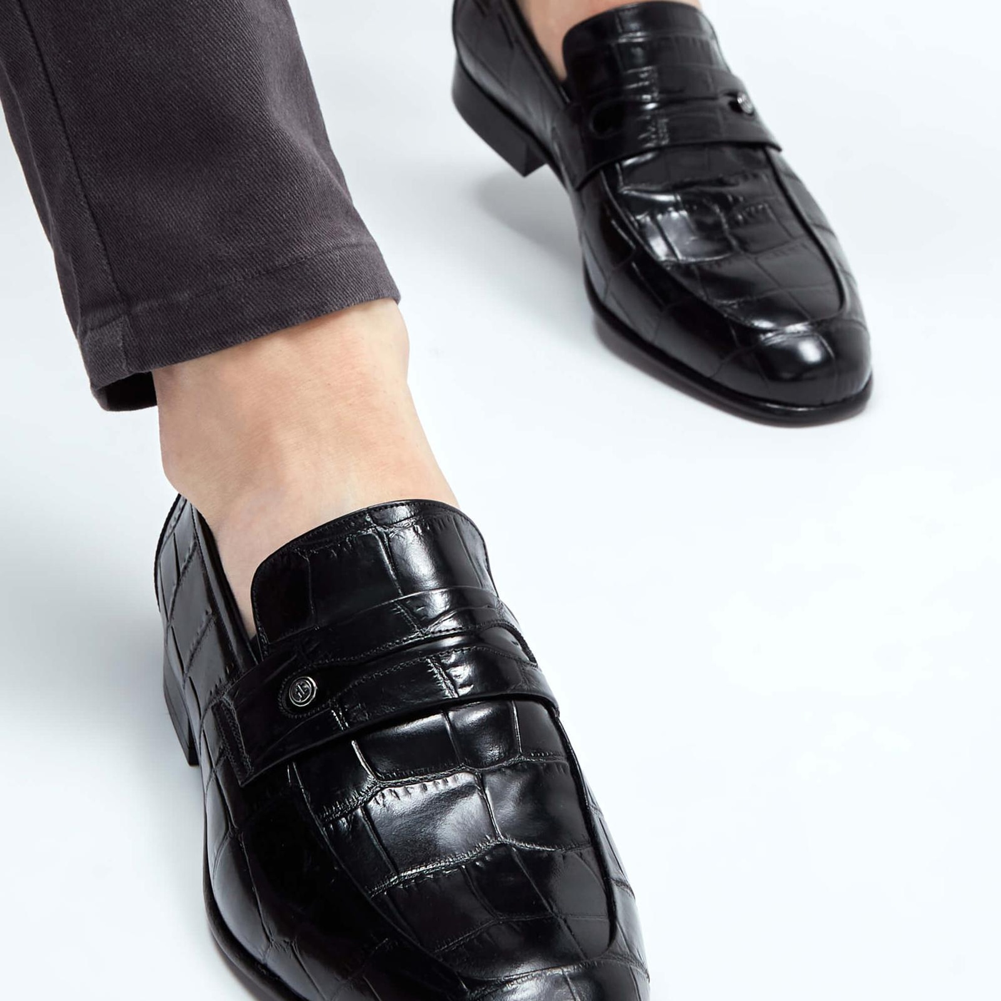 Tamer Tanca Erkek Hakiki Deri Siyah Kroko Makosen Ayakkabı