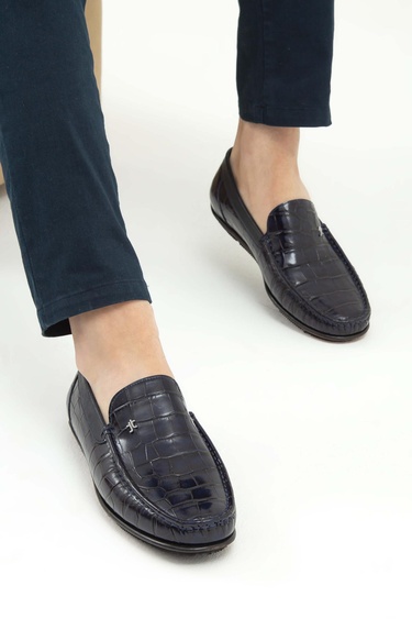  Tamer Tanca Erkek Hakiki Deri Lacivert Kroko Driver Ayakkabı